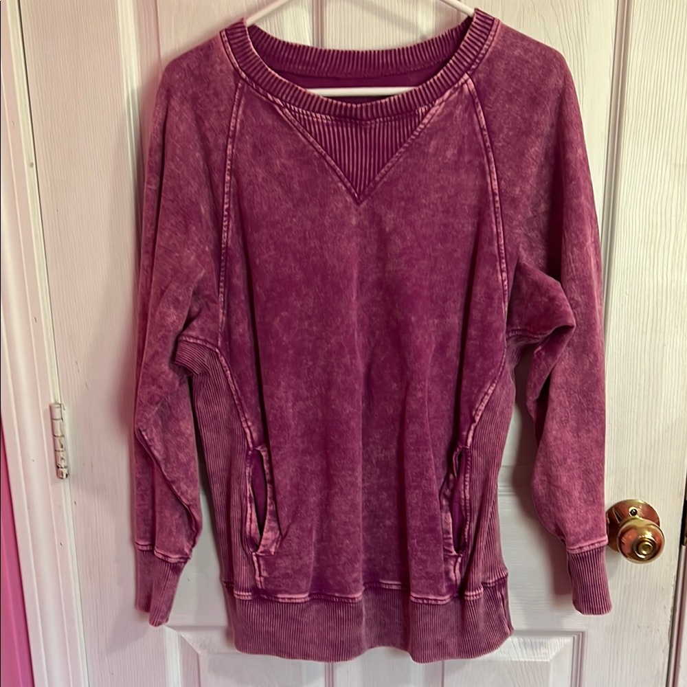 Zenana Purple mineral Washed Sweatshirt with pockets & ribbed sides